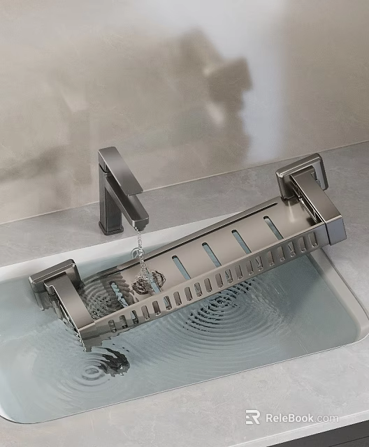 Modern Kitchen Faucet And Metal Dish Rack In Sink With Dripping Water 3d model 