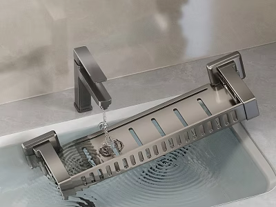 Modern Kitchen Faucet And Metal Dish Rack In Sink With Dripping Water 3d model