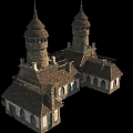 Ancient Architecture With Two Spired Towers Stone Wood Structure And Arched Windows 3d model