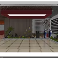 Japanese Restaurant With Lattice Wall Potted Pine Blue White Vases Red Ceiling And Stone Landscape