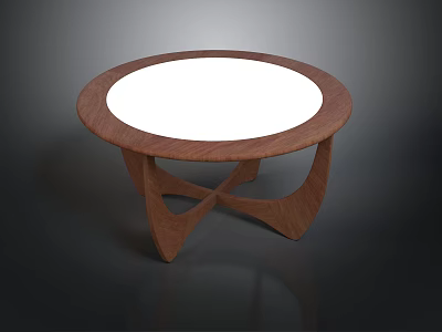 Round Wooden Coffee Table With White Tabletop And Cross Leg Design 3d model