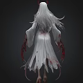 Dark Fantasy Female Character With Long White Hair And Red Clawed Hands In White Dress