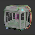 Cartoon Scene of Silver Tech Device with Blue Accents Transparent Grid Windows and Black Cable