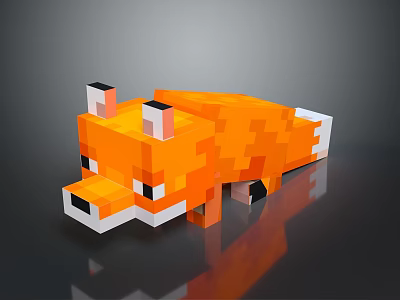 Pixel Style Orange Fox Game Character Lying Down With White Tipped Ears 3d model