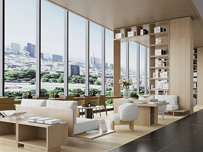 Modern Spacious Lounge Area Interior With Large Windows City View And Wooden Bookshelves 3d model