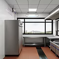 Commercial Kitchen Interior With Stainless Steel Worktables Storage Racks And Bright Ceiling Lights