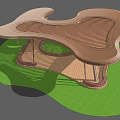 Wooden Pergola With Wavy Roof And Support Columns On Grass Platform