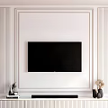 White Paneled TV Background Wall with Mounted Black TV Decorative Stand and Wall Sconces