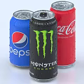 Refreshing Canned Drinks Featuring Pepsi Monster Energy and Coca-Cola With Cold Drops