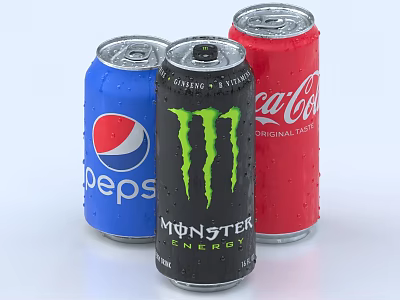 Refreshing Canned Drinks Featuring Pepsi Monster Energy and Coca-Cola With Cold Drops 3d model