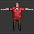 3D Model of Male Character Wearing Red Floral Shirt with Clover Pattern and Outstretched Arms