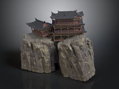 Ancient Chinese Architecture On Cliff Rock With Wooden Structure And Black Tiled Roof 3d model