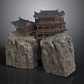 Ancient Chinese Architecture On Cliff Rock With Wooden Structure And Black Tiled Roof