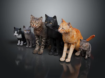 Group of Different Breed Cats With Various Colors Standing Together on Dark Smooth Surface 3d model