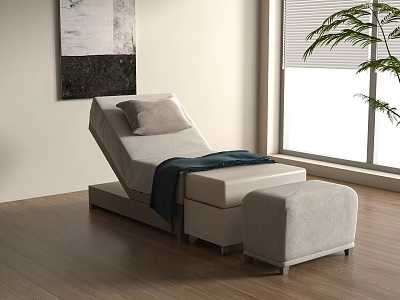 Comfortable Beige Massage Chair with Pillow Blanket and Ottoman on Wooden Floor by Window 3d model