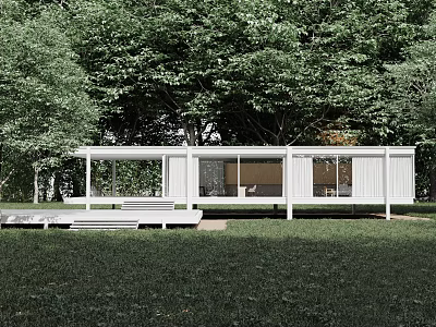 Modern White Single-family House With Large Glass Windows and Lush Green Trees 3d model