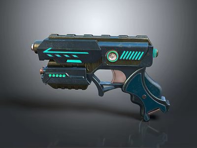 Sci Fi Futuristic Gun With Blue Luminous Accents Circular Emblem And Sleek Dark Design 3d model