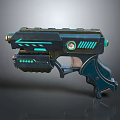 Sci Fi Futuristic Gun With Blue Luminous Accents Circular Emblem And Sleek Dark Design