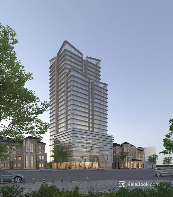 Modern High Rise Office Building with Glass Facade Surrounded by Trees and Low Rise Buildings 3d model 