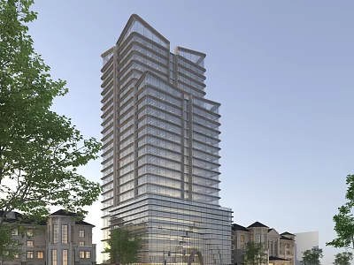 Modern High Rise Office Building with Glass Facade Surrounded by Trees and Low Rise Buildings 3d model