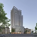 Modern High Rise Office Building with Glass Facade Surrounded by Trees and Low Rise Buildings