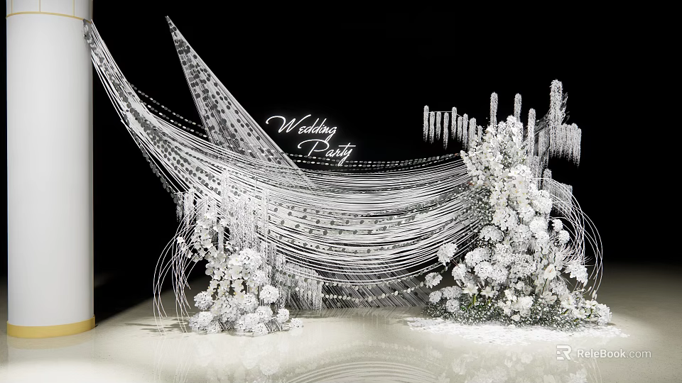 Elegant Wedding Party Floral Installation With Delicate Silver Thread And White Flowers 3d model 