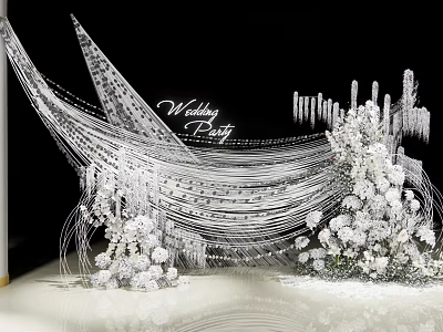 Elegant Wedding Party Floral Installation With Delicate Silver Thread And White Flowers 3d model