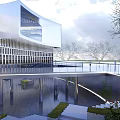 Modern Commercial Complex With Streamlined Glass Curtain Wall And Waterfront Reflection In Scenic Landscape