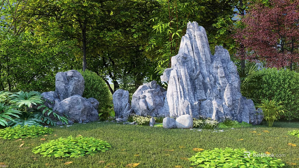 Natural Courtyard Garden With Rock Formations Trees Green Plants And Grass 3d model 