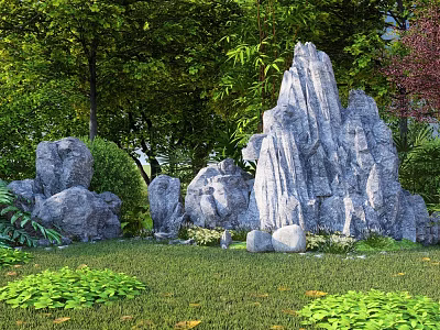 Natural Courtyard Garden With Rock Formations Trees Green Plants And Grass 3d model