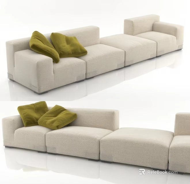 Modern Beige Sectional Sofa With Green Cushions For Living Room Decor 3d model 