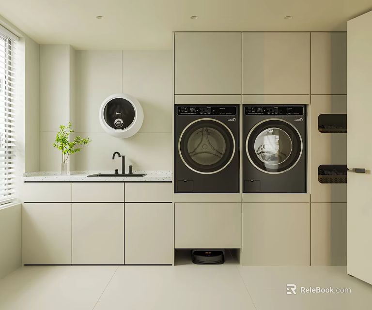 Modern Public Laundry Facility Interior With Washing Machines Dryers Sink And Cabinets 3d model 