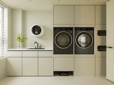 Modern Public Laundry Facility Interior With Washing Machines Dryers Sink And Cabinets 3d model