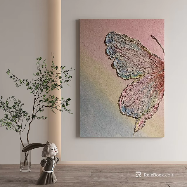 Butterfly Themed Canvas Art With Pastel Colors Decorative Green Plant And Small Ornament 3d model 