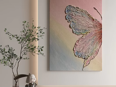 Butterfly Themed Canvas Art With Pastel Colors Decorative Green Plant And Small Ornament 3d model