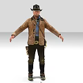 Man with White Hair Wearing Black Hat Brown Leather Jacket Blue Shirt and Crossbody Bag