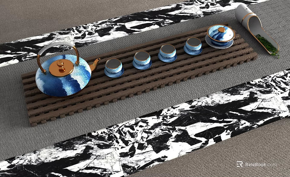 Elegant Blue and White Tea Set with Wooden Tray on Black and White Patterned Mat 3d model 