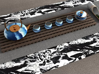 Elegant Blue and White Tea Set with Wooden Tray on Black and White Patterned Mat 3d model