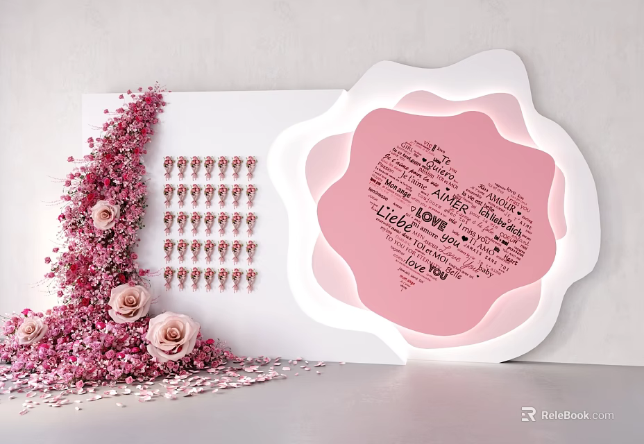 Popular Photo Check in Spot With Pink Flower Shaped Decoration Roses Petals And Love Words 3d model 