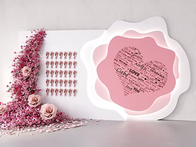 Popular Photo Check in Spot With Pink Flower Shaped Decoration Roses Petals And Love Words 3d model