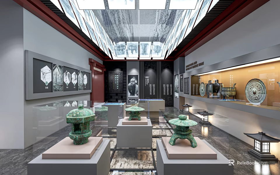 Museum Exhibition Hall Featuring Bronze Artifacts On Platforms Modern Ceiling Lights And Display Cases 3d model 