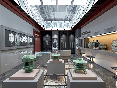 Museum Exhibition Hall Featuring Bronze Artifacts On Platforms Modern Ceiling Lights And Display Cases 3d model
