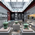 Museum Exhibition Hall Featuring Bronze Artifacts On Platforms Modern Ceiling Lights And Display Cases 3d model
