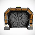 Industrial Metal Door With Orange Frame Rivets Crossed Bars Circular Center And Red Label