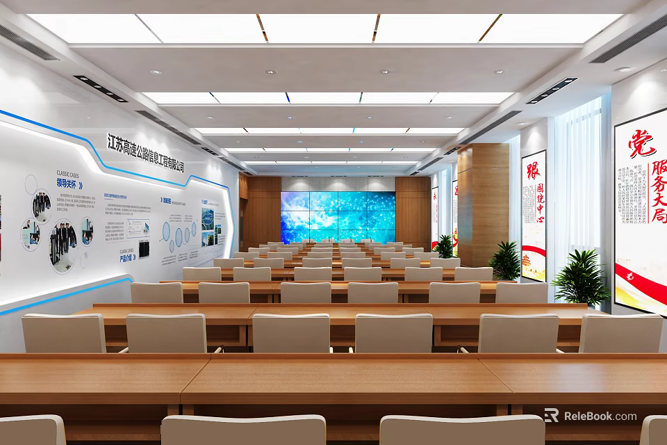 Modern Conference Room Design With Large Digital Screen Seating Rows And Wall Displays 3d model