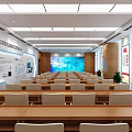 Modern Conference Room Design With Large Digital Screen Seating Rows And Wall Displays 3d model