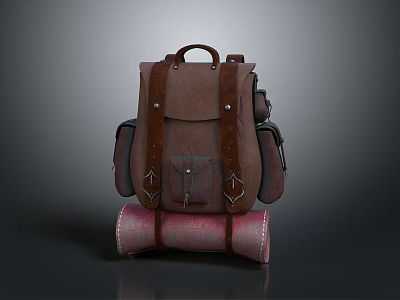 Vintage Brown Backpack With Rolled Pink Mat At The Bottom And Leather Straps 3d model