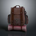Vintage Brown Backpack With Rolled Pink Mat At The Bottom And Leather Straps