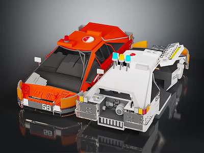 Orange And White Toy Cars With Red Colorful Lights Mechanical Structure And Number 58 3d model
