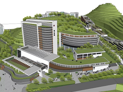 Modern Architectural Complex With Green Hillside And Rooftop Gardens Design 3d model